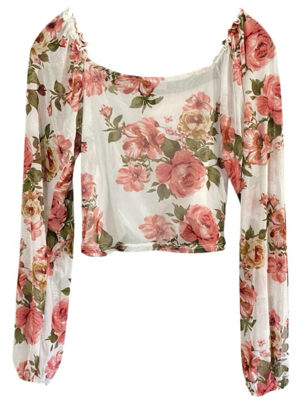 Floral Mesh Ruched Crop Top M Sheer Long Sleeve Y2K Coquette Fairycore Romantic - Picture 4 of 8